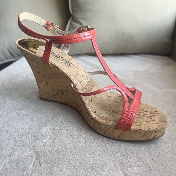 Michael Kors Cicely Watermelon Orange Patent Leather Wedge Heel Sandals Women 10 - Picture 2 of 15